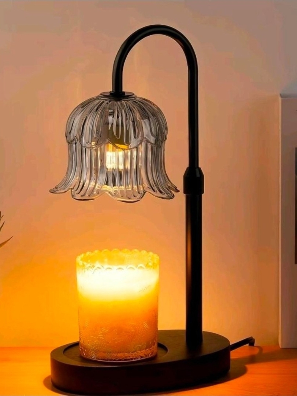 Elegant Black Table Lamp with Clear Floral Glass Shade - Home Accents